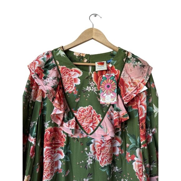 Farm Rio Long Sleeve Green Floral Dress 1X NWT Elinor Tunic Ruffle Short Flowy - Picture 3 of 15
